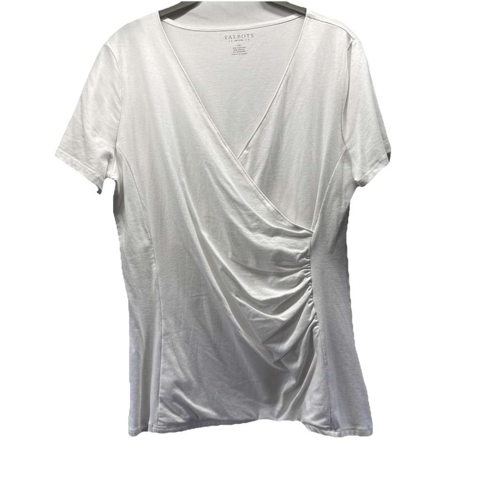 Talbots Women's Faux‎ Wrap Top Size Petite Large PL Solid White Short Sleeve